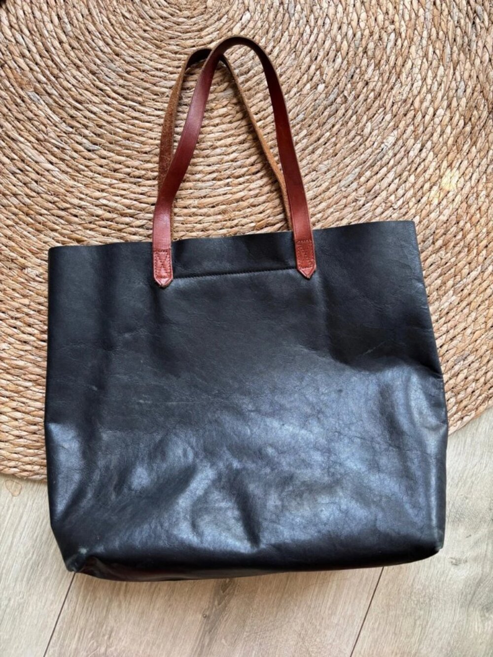 Black Genuine Leather Tote Bag with Brown Shoulder Straps Women’s Large Carryall
